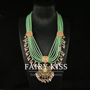 Maximalist Pink Pearl & Green Bead Tassel Necklace